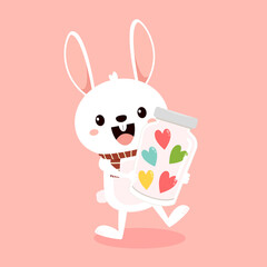 Valentine's day card with Kawaii bunny. Rabbit cartoon vector collection. Animal wildlife character. Small lovely rabbit holds love heart. Valentine's day illustration.