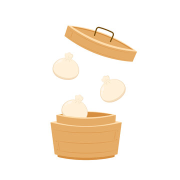 recommend clip art: Dim sum, traditional Chinese dumplings, in bamboo steamer basket. Asian food vector illustration. Baozi or bao is Chinese food.