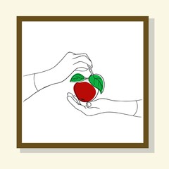 Linear drawing of an apple with leaves and hands. A red apple on a branch. Farmer's market logo, vegetarian. Fruit and abstract stain.