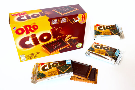 Italy – February 3, 2022: Saiwa ORO Ciok Cookies with Chocolate. Saiwa Oro Ciok is  owned by Mondelez International