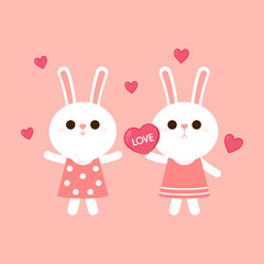Valentine's day card with Kawaii bunny. Rabbit cartoon vector collection. Animal wildlife character. Small lovely rabbit holds love heart. Valentine's day illustration.