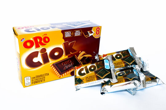 Italy – February 3, 2022: Saiwa ORO Ciok Cookies with Chocolate. Saiwa Oro Ciok is  owned by Mondelez International