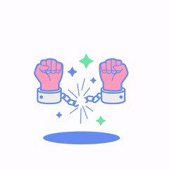 Vector illustration in cartoon style. His hands are clenched into fists. Hands in handcuffs. Man breaks the shackles.