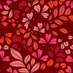 Fototapeta na wymiar RED SEAMLESS VECTOR BACKGROUND WITH MULTICOLORED PLANT TWIGS