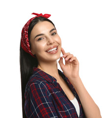 Fashionable young woman in stylish outfit with bandana on white background