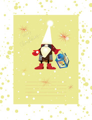 postcard gnome and flashlight snow lights winter christmas holiday yellow flat style
