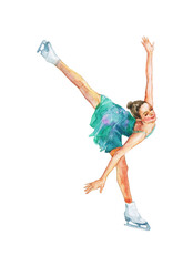 Watercolor woman athlete, figure skating. Hand drawn portrait of young caucasian lady in turquoise dress on ice. Painting sports illustration on white background. - 484724400