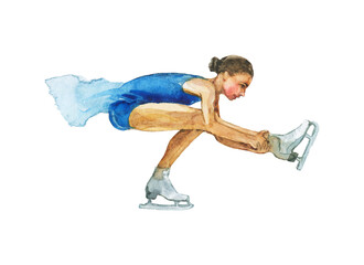 Watercolor woman athlete, figure skating. Hand drawn portrait of young caucasian lady in blue dress on ice. Painting sports illustration on white background. - 484724401