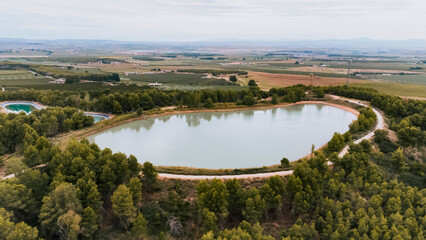 Fototapeta premium Aerial view of a lake surrounded by pine trees