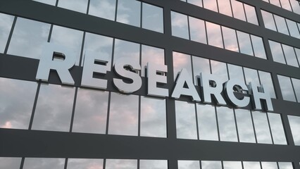 Fototapeta premium Research sign on a modern glass skyscraper. Research glass building. 3d rendering