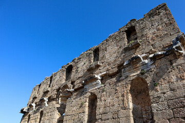 the ruins of the nymphaeum of ancient city Aspendos in Turkey