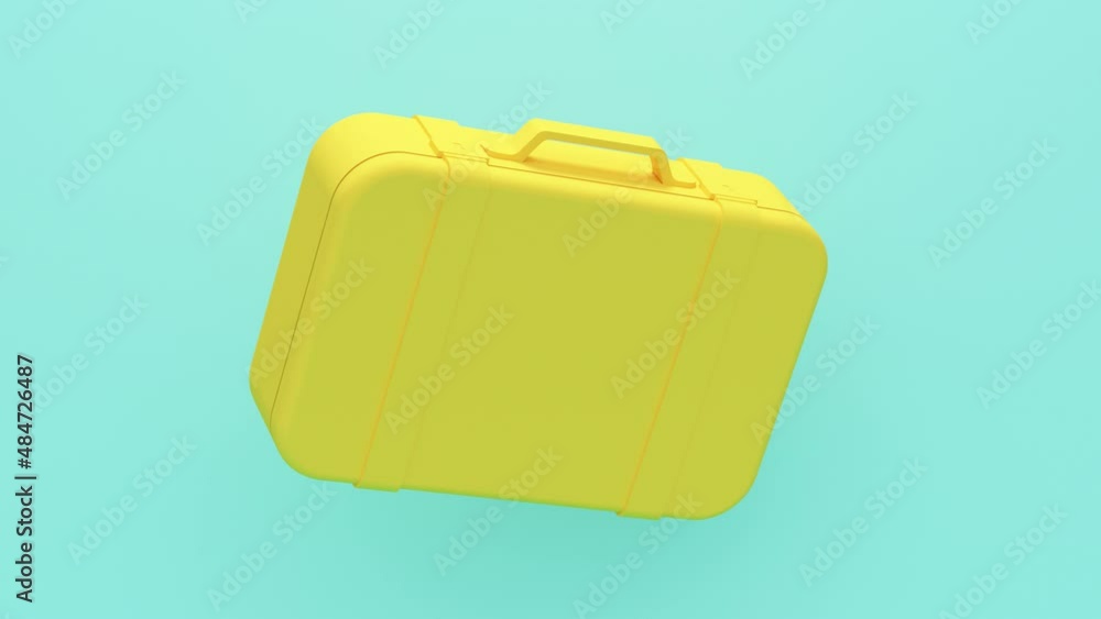 Poster blue studio background with yellow suitcase. abstract loop animation