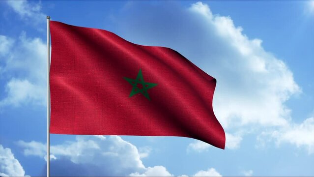 Flag of Morocco. Motion. The red symbol of the country with a star in the middle curls against the blue sky.