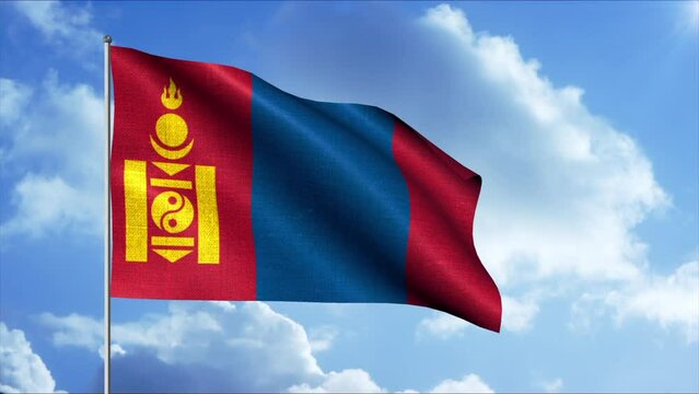 Flag of Mongolia. Motion. . The golden emblem of the ancient Buddhist sign is yellow on a red and blue flag.