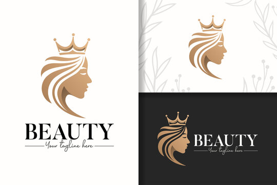 Beauty woman with queen crown gold logo