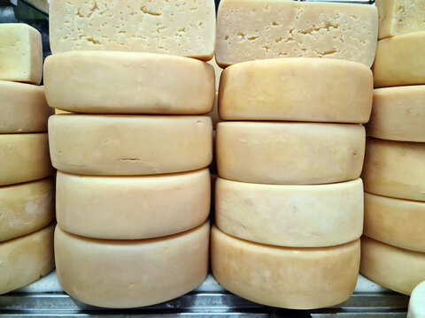 Canastra Cheese on the shelf of a store in the Central Market of Belo Horizonte, Minas Gerais, Brazil.
