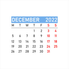 December 2022 calendar icon. December 2022. Glider for December. Time planning.
