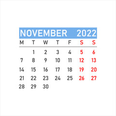 November 2022 calendar icon. November 2022. Glider for November. Time planning.