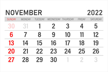 November 2022 calendar icon. November 2022. Glider for November. Time planning.