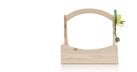 front view yellow flowers and green leaf tied to a wicker basket on white background, decor, object, vintage, nature, copy space