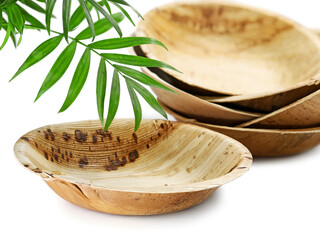 environmentally bowl made of Areca palm leaf on white background, eco-friendly plates made from...
