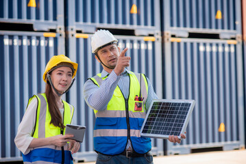Man and women caucasian team engineer standing and wearing safety work equipment clothes are discussing how to install solar panels. to be used as electric power for lighting at night of warehouse.