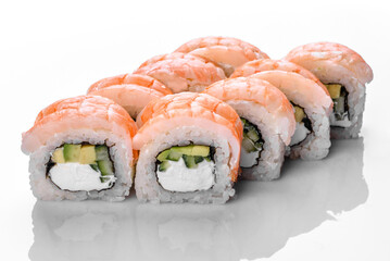 Traditional delicious fresh sushi roll set on a white background