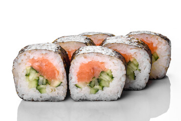 Traditional delicious fresh sushi roll set on a white background