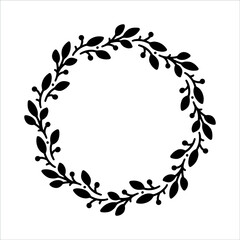 Vector hand drawn spring wreath isolated on white background. Outline circle of leaves. Doodle style. Floral frame.