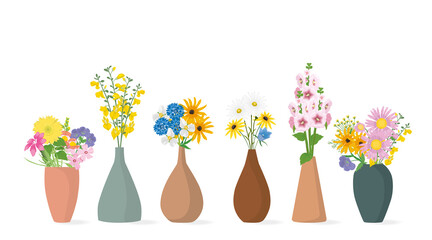 A set of bouquets of spring flowers in clay vases.Vector illustration.