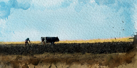 Obraz premium ilustración en acuarela de hombre arando de manera artesanal con buey con cielo azul 