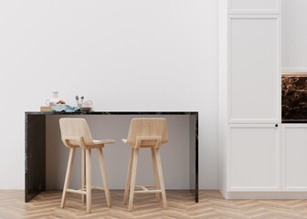Empty white wall in modern kitchen. Mock up interior in minimalist, contemporary style. Free space, copy space for your picture, text, or another design. Table, chairs. 3D rendering.