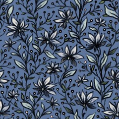 DIGITAL SEAMLESS PATTERN WITH BEIGE PASTEL FLOWERS ON A BLUE BACKGROUND