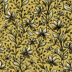 DIGITAL SEAMLESS PATTERN WITH BEIGE PASTEL FLOWERS ON A YELLOW BACKGROUND