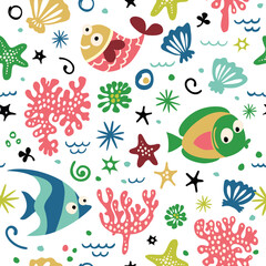 Seamless pattern with cute cartoon underwater inhabitants.