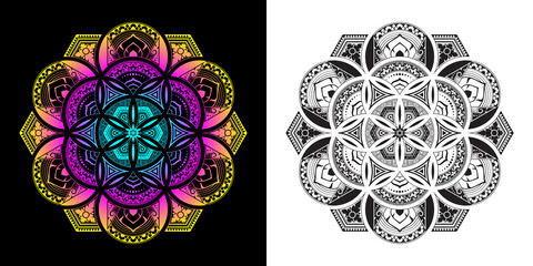 Applied Thai art patterns in mandala style. Geometric shapes, hexagons and circles. Set of white, black and gradient colors. Design texture elements for card, cover, poster, wall. Vector illustration.