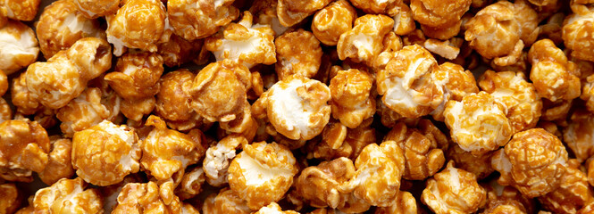 Homemade Caramel Popcorn, top view. Flat lay, overhead, from above.