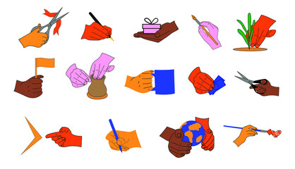 Set of multicolored hands holding various items, business papers, money, scissors, pens, brushes, globe, flag, gift, pottery jar and gestures. Colored flat graphic illustration isolated on white