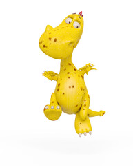 baby dragon is jumping and looking down because he is afraid on white background