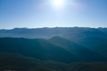 Aerial view of mountain hills covered with dense green pine woods on bright day