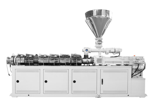 Production machine for manufacture products from pvc plastic extrusion technology, Isolated on white background