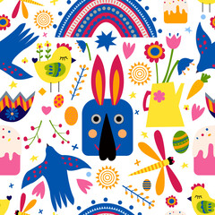 Easter holiday seamless pattern with chicken, rabbit, cut in paper art style. Silhouette illustration. Vector drawing. Festive illustration. Happy easter banner. Geometric elements - 484732629