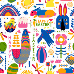 Easter vector illistration with chicken, rabbit cut in paper art style. Silhouette illustration. Vector drawing. Festive illustration. Happy easter banner. - 484732630
