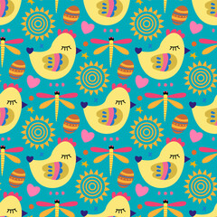 Happy Easter holiday seamless pattern with chicken, eggs in paper art style. Silhouette illustration. Vector drawing. - 484732631