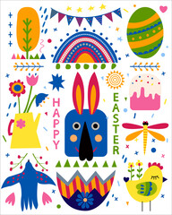 Easter holiday set with chicken, rabbit, cut in paper art style. Silhouette illustration. Vector drawing. Festive illustration. Happy easter banner. Geometric elements - 484732637