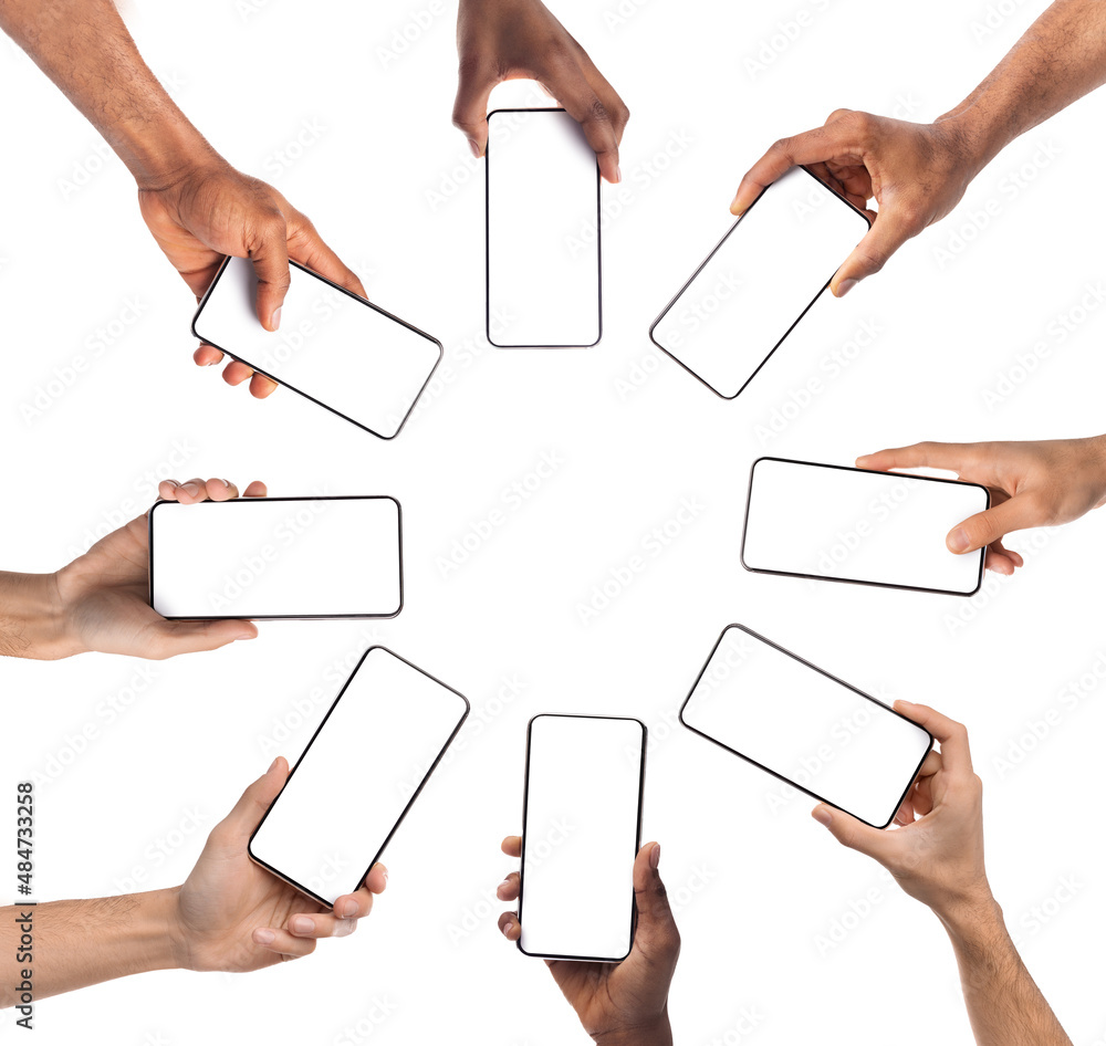 Poster people showing smartphone with empty screens in circle, closeup