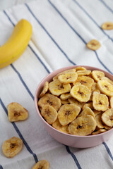 Homemade Banana Chips in a Pink Bowl, side view.