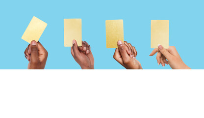 Closeup of male and female hands showing credit cards