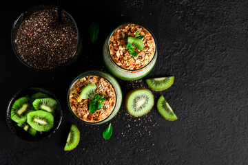 Chia pudding with kiwi and granola isolated on dark background. Chia pudding, mint and kiwi.