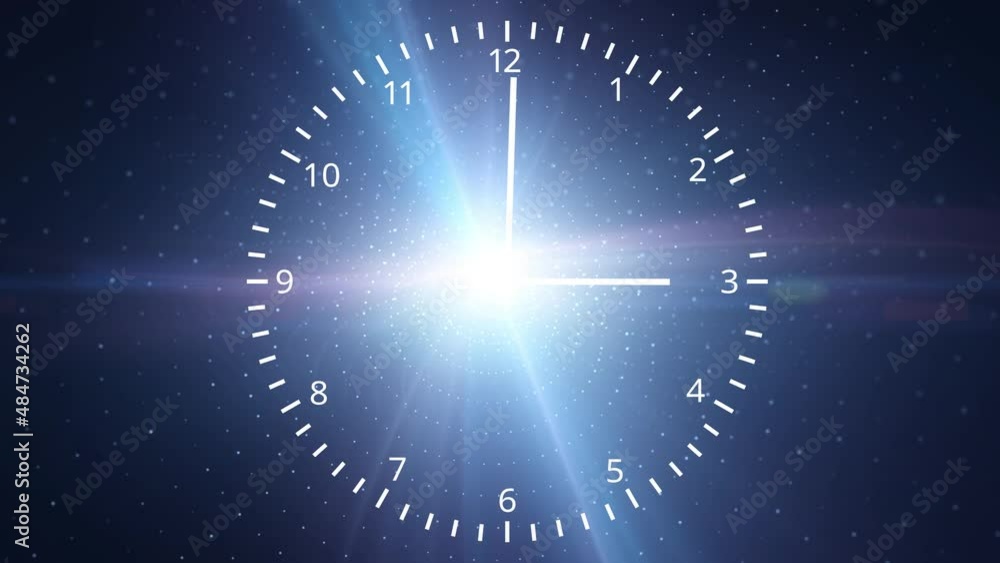 Sticker infinity cosmos time looping clock on artistic glowing light universe science animation background.